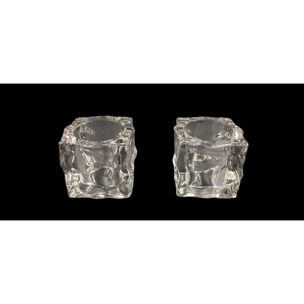 Set Of 2 Partylite GLACIER Square Ice Clear Glass Tealight Candle Holder UV Glow